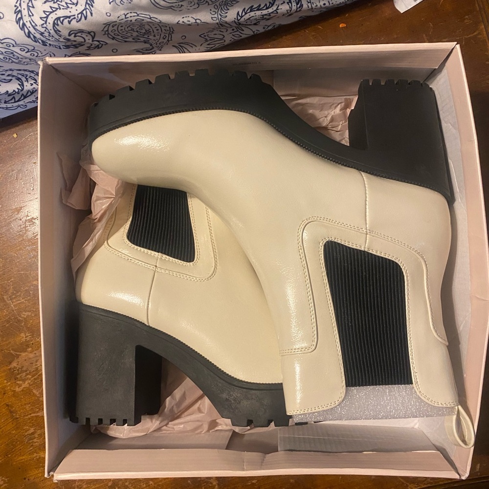Chinese Laundry Cream and Black Heeled Boots with Chunky Platform
